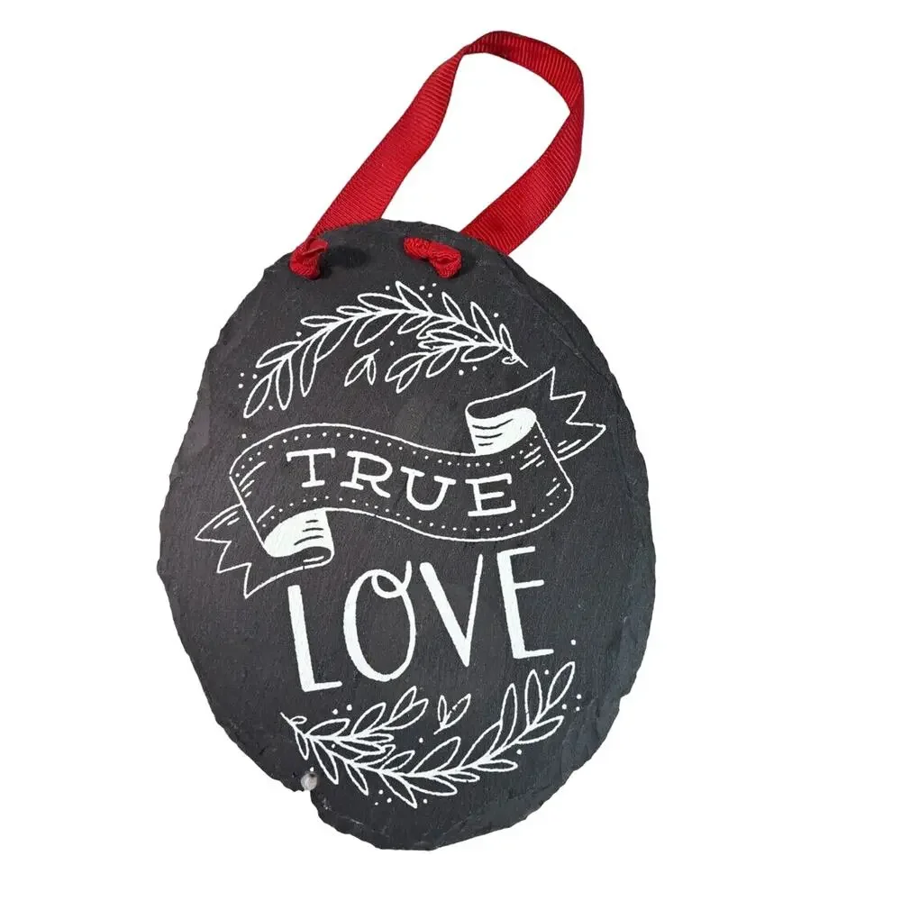 True Love Slate Hanging Wall Decor Charcoal Gray White Writing Red Ribbon Oval